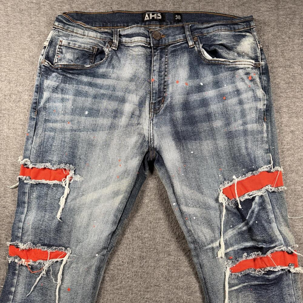 Another Hype Piece Jeans Mens 38x36 Blue Slim Tapered Distressed Paint Splatter